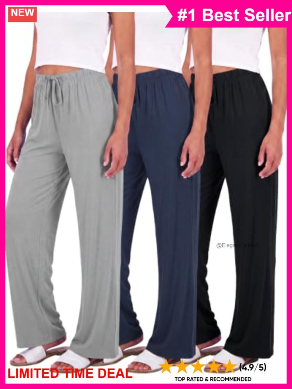 3 Pack Women's Palazzo Pants Wide Leg Stretch Knit Pajama Lounge Bottoms